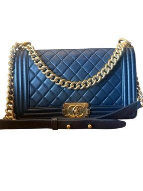 CHANEL Navy Quilted Boy Bag with Gold Hardware